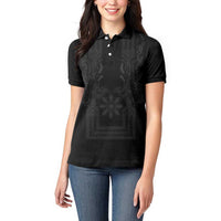 Philippines Barong Style Women Polo Shirt with Polynesian Art and Leaf Motif Black Color LT03 - Polynesian Pride