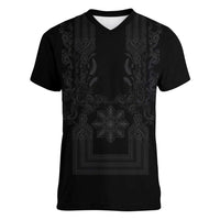 Philippines Barong Style Women V-Neck T-Shirt with Polynesian Art and Leaf Motif Black Color LT03 Female Black - Polynesian Pride