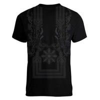 Philippines Barong Style Women V-Neck T-Shirt with Polynesian Art and Leaf Motif Black Color LT03 - Polynesian Pride