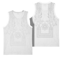 Philippines Barong Style Basketball Jersey with Polynesian Art and Leaf Motif White Color