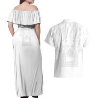 Philippines Barong Style Couples Matching Off Shoulder Maxi Dress and Hawaiian Shirt with Polynesian Art and Leaf Motif White Color LT03 - Polynesian Pride