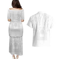 Philippines Barong Style Couples Matching Puletasi and Hawaiian Shirt with Polynesian Art and Leaf Motif White Color LT03 - Polynesian Pride