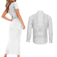 Philippines Barong Style Couples Matching Short Sleeve Bodycon Dress and Long Sleeve Button Shirt with Polynesian Art and Leaf Motif White Color LT03 - Polynesian Pride