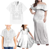 Philippines Barong Style Family Matching Off Shoulder Maxi Dress and Hawaiian Shirt with Polynesian Art and Leaf Motif White Color LT03 - Polynesian Pride