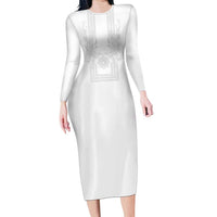 Philippines Barong Style Long Sleeve Bodycon Dress with Polynesian Art and Leaf Motif White Color