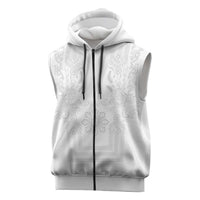 Philippines Barong Style Sleeveless Zip Hoodie with Polynesian Art and Leaf Motif White Color