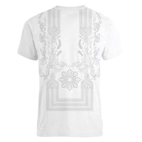 Philippines Barong Style Women V-Neck T-Shirt with Polynesian Art and Leaf Motif White Color LT03 - Polynesian Pride