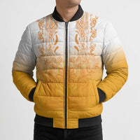 Philippines Barong Style Bomber Puffer Jacket with Polynesian Art and Leaf Motif Yellow Color