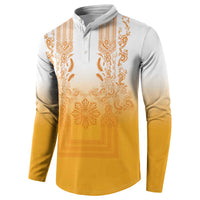 Philippines Barong Style Button Sweatshirt with Polynesian Art and Leaf Motif Yellow Color
