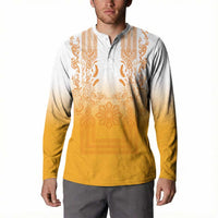 Philippines Barong Style Button Sweatshirt with Polynesian Art and Leaf Motif Yellow Color