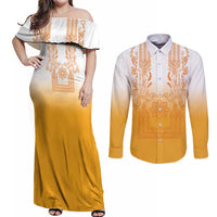 Philippines Barong Style Couples Matching Off Shoulder Maxi Dress and Long Sleeve Button Shirt with Polynesian Art and Leaf Motif Yellow Color LT03 Yellow - Polynesian Pride