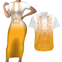 Philippines Barong Style Couples Matching Short Sleeve Bodycon Dress and Hawaiian Shirt with Polynesian Art and Leaf Motif Yellow Color LT03 Yellow - Polynesian Pride
