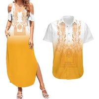 Philippines Barong Style Couples Matching Summer Maxi Dress and Hawaiian Shirt with Polynesian Art and Leaf Motif Yellow Color LT03 Yellow - Polynesian Pride