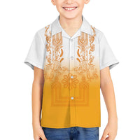 Philippines Barong Style Family Matching Off Shoulder Maxi Dress and Hawaiian Shirt with Polynesian Art and Leaf Motif Yellow Color LT03 Son's Shirt Yellow - Polynesian Pride