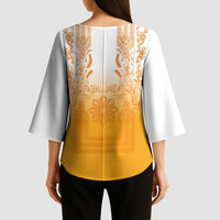 Philippines Barong Style Kimono Sleeve Blouse with Polynesian Art and Leaf Motif Yellow Color