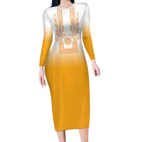 Philippines Barong Style Long Sleeve Bodycon Dress with Polynesian Art and Leaf Motif Yellow Color LT03 Long Dress Yellow - Polynesian Pride