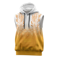 Philippines Barong Style Sleeveless Hoodie with Polynesian Art and Leaf Motif Yellow Color