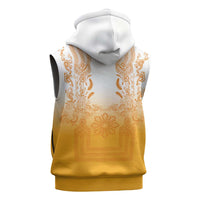 Philippines Barong Style Sleeveless Hoodie with Polynesian Art and Leaf Motif Yellow Color
