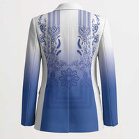 Philippines Barong Style Blazer with Polynesian Art and Leaf Motif Blue Color