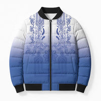 Philippines Barong Style Bomber Puffer Jacket with Polynesian Art and Leaf Motif Blue Color