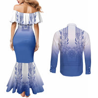 Philippines Barong Style Couples Matching Mermaid Dress and Long Sleeve Button Shirt with Polynesian Art and Leaf Motif Blue Color LT03 - Polynesian Pride