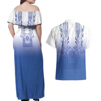 Philippines Barong Style Couples Matching Off Shoulder Maxi Dress and Hawaiian Shirt with Polynesian Art and Leaf Motif Blue Color LT03 - Polynesian Pride