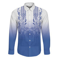 Philippines Barong Style Family Matching Off The Shoulder Long Sleeve Dress and Hawaiian Shirt with Polynesian Art and Leaf Motif Blue Color LT03 Dad's Shirt - Long Sleeve Blue - Polynesian Pride