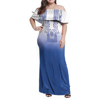 Philippines Barong Style Family Matching Off Shoulder Maxi Dress and Hawaiian Shirt with Polynesian Art and Leaf Motif Blue Color LT03 Mom's Dress Blue - Polynesian Pride
