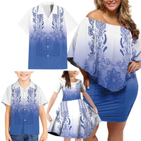 Philippines Barong Style Family Matching Off Shoulder Short Dress and Hawaiian Shirt with Polynesian Art and Leaf Motif Blue Color LT03 - Polynesian Pride