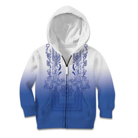 Philippines Barong Style Kid Hoodie with Polynesian Art and Leaf Motif Blue Color