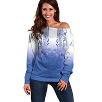 Philippines Barong Style Off Shoulder Sweater with Polynesian Art and Leaf Motif Blue Color