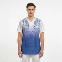 Philippines Barong Style Scrub Top with Polynesian Art and Leaf Motif Blue Color