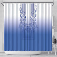 Philippines Barong Style Shower Curtain with Polynesian Art and Leaf Motif Blue Color