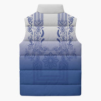Philippines Barong Style Sleeveless Puffer Jacket with Polynesian Art and Leaf Motif Blue Color