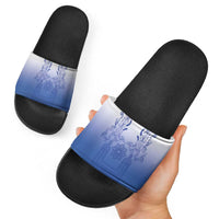 Philippines Barong Style Slide Sandals with Polynesian Art and Leaf Motif Blue Color