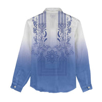 Philippines Barong Style Women Casual Shirt with Polynesian Art and Leaf Motif Blue Color LT03 - Polynesian Pride