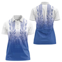 Philippines Barong Style Women Polo Shirt with Polynesian Art and Leaf Motif Blue Color LT03 - Polynesian Pride