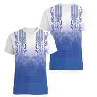 Philippines Barong Style Women V-Neck T-Shirt with Polynesian Art and Leaf Motif Blue Color LT03 - Polynesian Pride