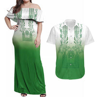 Philippines Barong Style Couples Matching Off Shoulder Maxi Dress and Hawaiian Shirt with Polynesian Art and Leaf Motif Green Color LT03 Green - Polynesian Pride