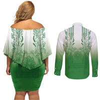 Philippines Barong Style Couples Matching Off Shoulder Short Dress and Long Sleeve Button Shirt with Polynesian Art and Leaf Motif Green Color LT03 - Polynesian Pride