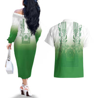 Philippines Barong Style Couples Matching Off The Shoulder Long Sleeve Dress and Hawaiian Shirt with Polynesian Art and Leaf Motif Green Color LT03 - Polynesian Pride