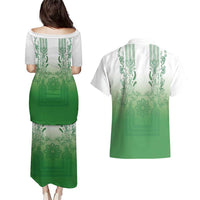 Philippines Barong Style Couples Matching Puletasi and Hawaiian Shirt with Polynesian Art and Leaf Motif Green Color LT03 - Polynesian Pride