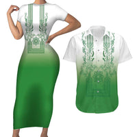 Philippines Barong Style Couples Matching Short Sleeve Bodycon Dress and Hawaiian Shirt with Polynesian Art and Leaf Motif Green Color LT03 Green - Polynesian Pride