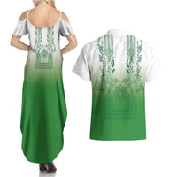 Philippines Barong Style Couples Matching Summer Maxi Dress and Hawaiian Shirt with Polynesian Art and Leaf Motif Green Color LT03 - Polynesian Pride