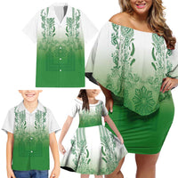 Philippines Barong Style Family Matching Off Shoulder Short Dress and Hawaiian Shirt with Polynesian Art and Leaf Motif Green Color LT03 - Polynesian Pride