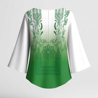 Philippines Barong Style Kimono Sleeve Blouse with Polynesian Art and Leaf Motif Green Color