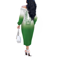 Philippines Barong Style Off The Shoulder Long Sleeve Dress with Polynesian Art and Leaf Motif Green Color LT03 - Polynesian Pride