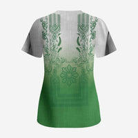Philippines Barong Style Scrub Top with Polynesian Art and Leaf Motif Green Color
