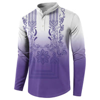 Philippines Barong Style Button Sweatshirt with Polynesian Art and Leaf Motif Purple Color