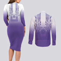 Philippines Barong Style Couples Matching Long Sleeve Bodycon Dress and Long Sleeve Button Shirt with Polynesian Art and Leaf Motif Purple Color LT03 - Polynesian Pride